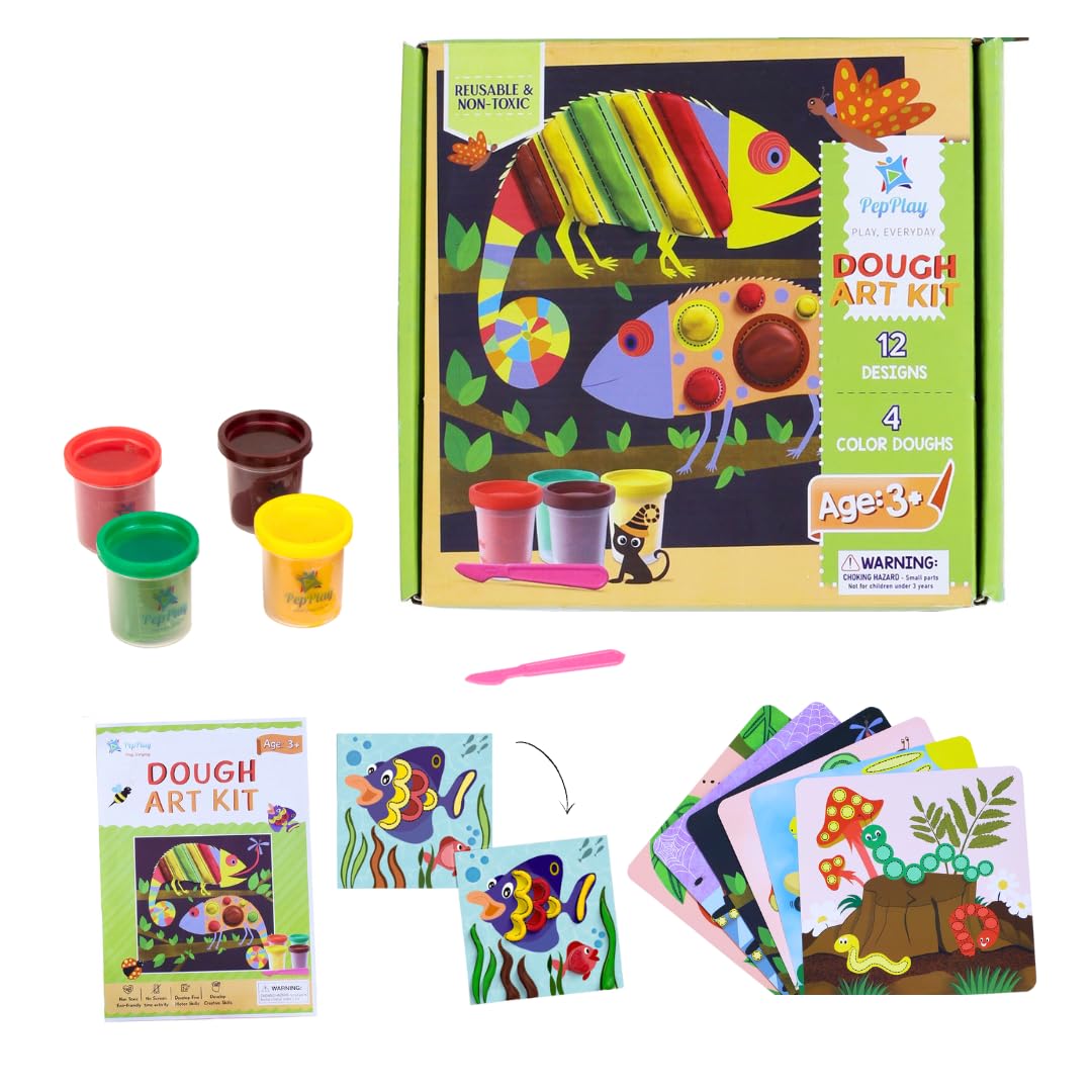 PepPlay Dough Art Kit For Kids | Organic, Taste-Safe, Non-Toxic, Lab-Certified Clay | 12 Design Cards + 4 Vibrant Colors | Reusable DIY Moulding Set For 3+ Years |Doesn't Dry Out Quickly, Multicolour