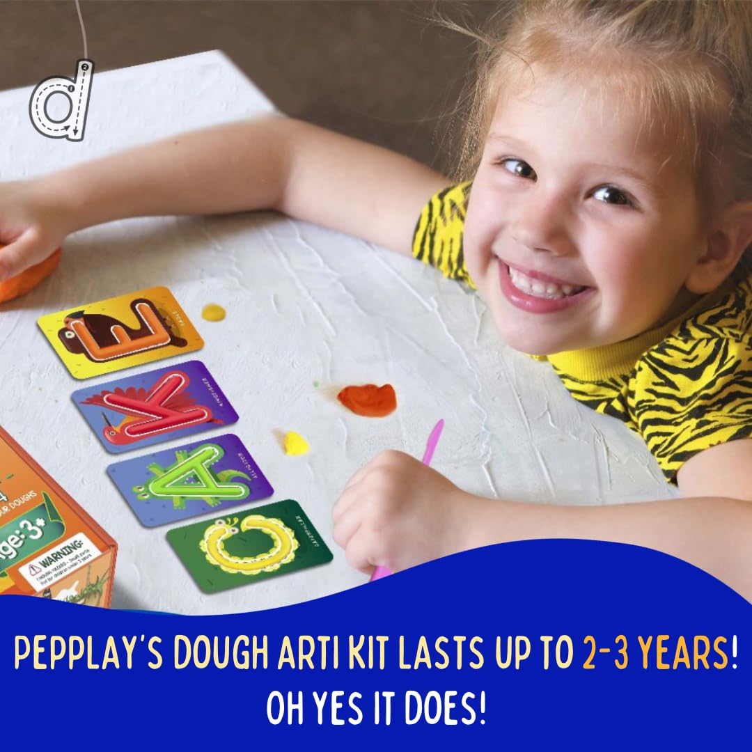 PepPlay Dough Art Kit For Kids | Organic, Taste-Safe, Non-Toxic, Lab-Certified Clay | 12 Design Cards + 4 Vibrant Colors | Reusable DIY Moulding Set For 3+ Years |Doesn't Dry Out Quickly, Multicolour