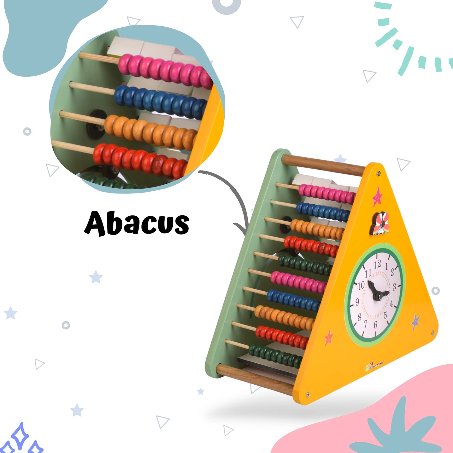 The Funny Mind 7 in 1 Wooden Activity Triangle for Kids and Toddlers, Learning Toy with Abacus, 4 Gear Fidget Spinner, Clock, Weather, Small and Capital Alphabets, Rainbow, Butterfly, and Weather