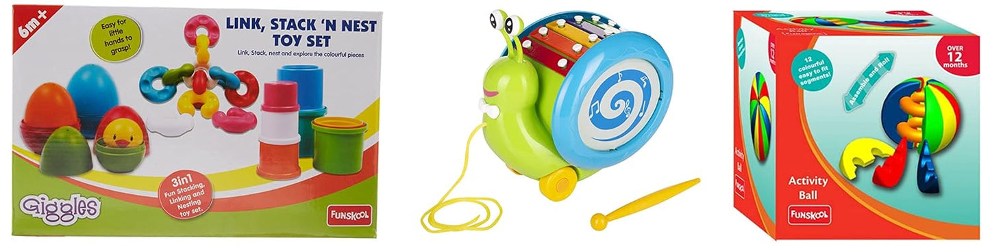 Giggles Funskool Pull Along Musical Snail, with Xylophone & Drum, Activity & Learning Toys for Babies, Toddlers, Encourage Walking, Improve Balance, Multicolour, Gift Set for Kids, Ages 12+ Months