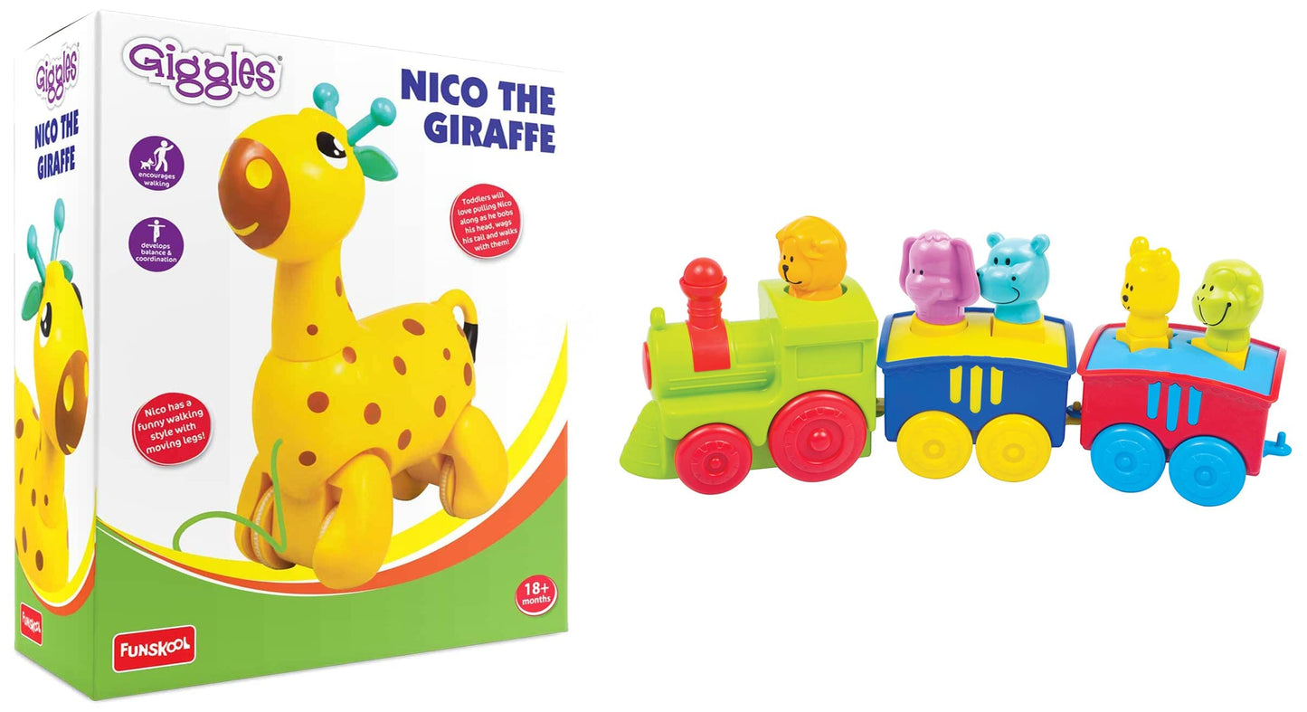 Giggles -, 2 in 1 Colourful Animal Pull along Toy Train, Walking, Shape sorting, Pretend Play Preschool Toys (12 Months & Above Infant, Multicolour)