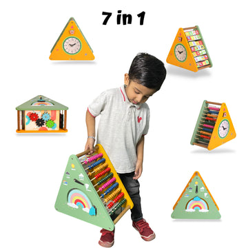 The Funny Mind 7 in 1 Wooden Activity Triangle for Kids and Toddlers, Learning Toy with Abacus, 4 Gear Fidget Spinner, Clock, Weather, Small and Capital Alphabets, Rainbow, Butterfly, and Weather