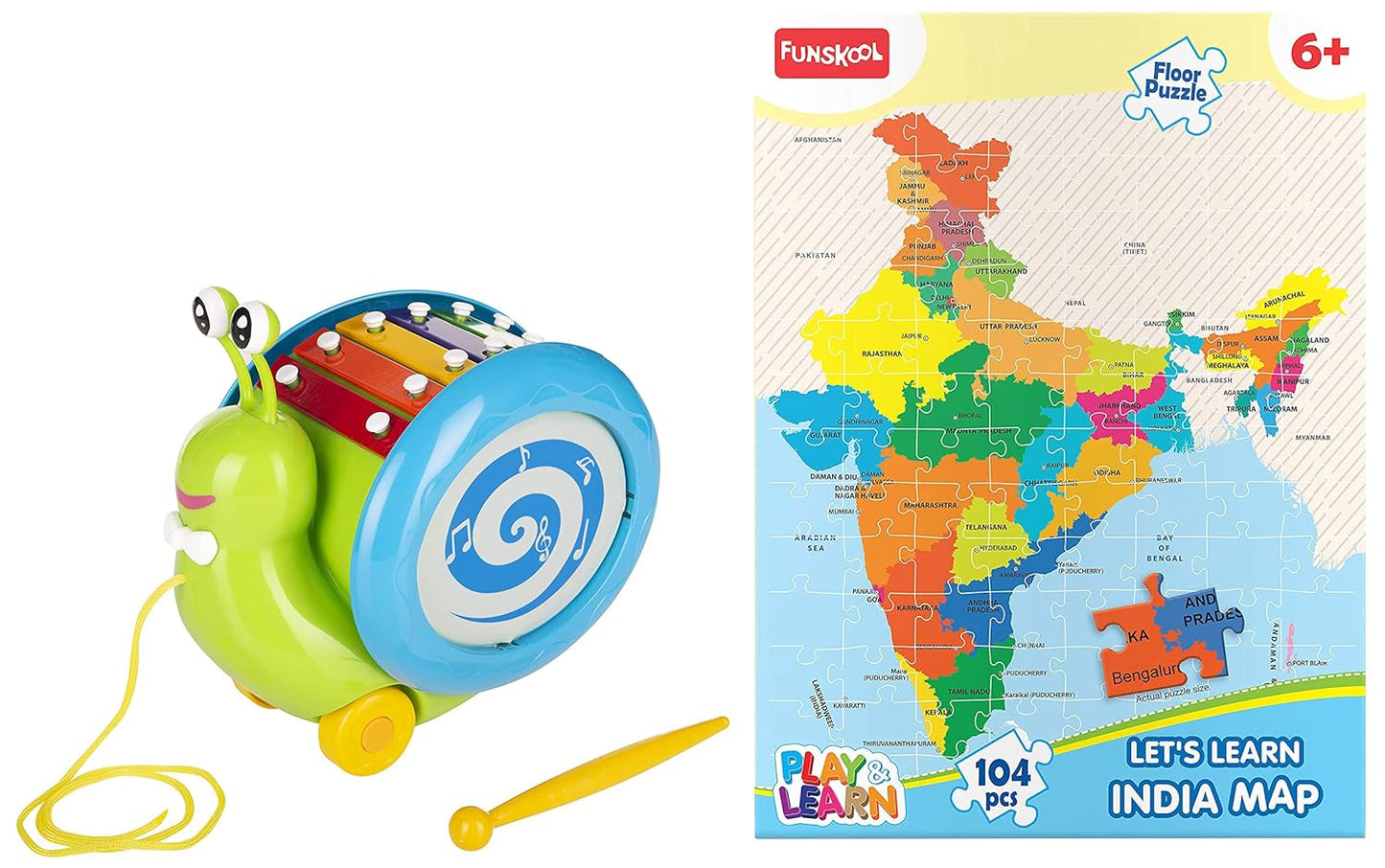 Giggles Funskool Pull Along Musical Snail, with Xylophone & Drum, Activity & Learning Toys for Babies, Toddlers, Encourage Walking, Improve Balance, Multicolour, Gift Set for Kids, Ages 12+ Months