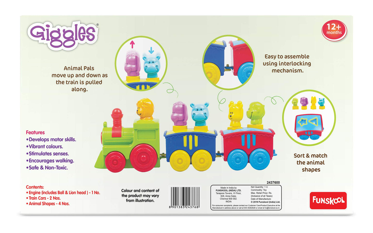 Giggles -, 2 in 1 Colourful Animal Pull along Toy Train, Walking, Shape sorting, Pretend Play Preschool Toys (12 Months & Above Infant, Multicolour)