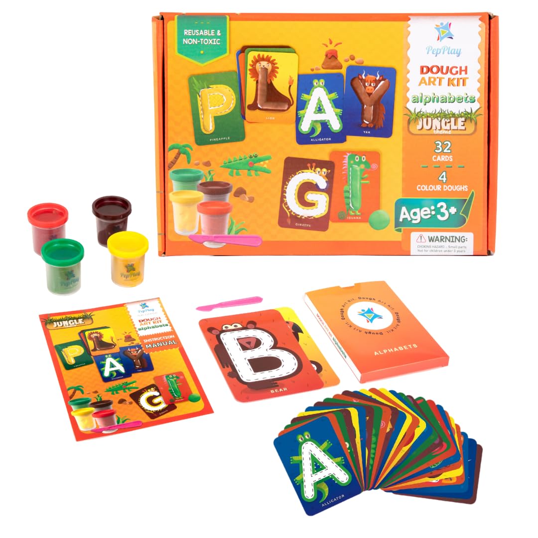 PepPlay Dough Art Kit For Kids | Organic, Taste-Safe, Non-Toxic, Lab-Certified Clay | 12 Design Cards + 4 Vibrant Colors | Reusable DIY Moulding Set For 3+ Years |Doesn't Dry Out Quickly, Multicolour