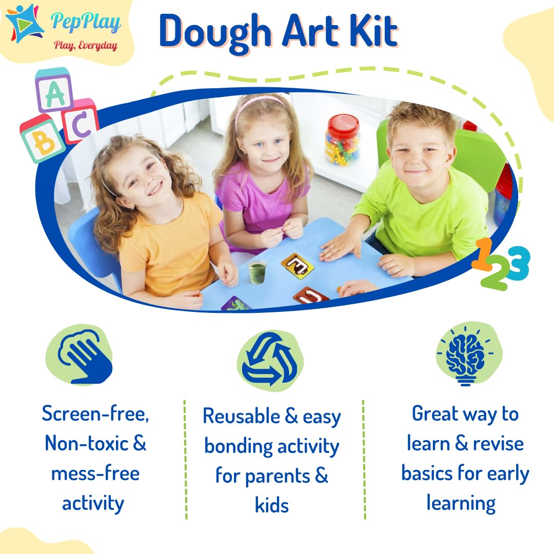 PepPlay Dough Art Kit For Kids | Organic, Taste-Safe, Non-Toxic, Lab-Certified Clay | 12 Design Cards + 4 Vibrant Colors | Reusable DIY Moulding Set For 3+ Years |Doesn't Dry Out Quickly, Multicolour