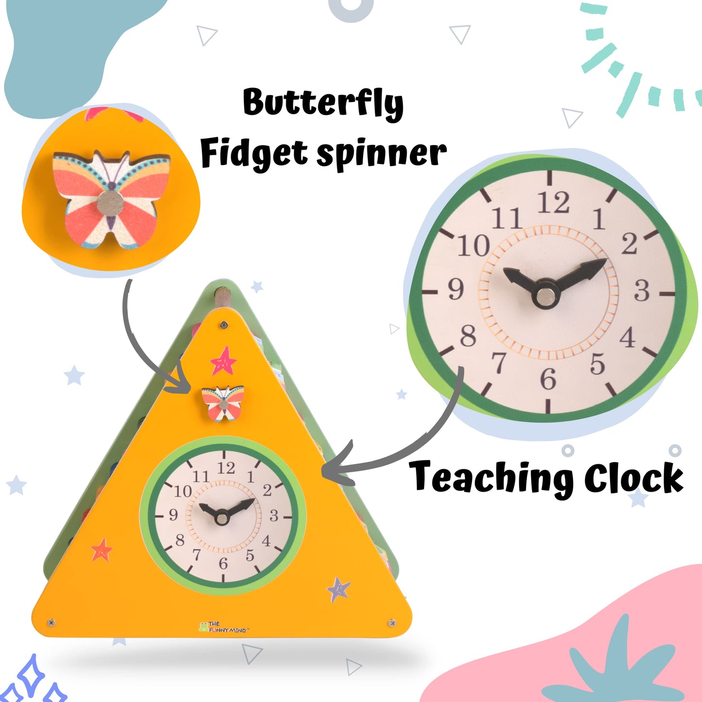 The Funny Mind 7 in 1 Wooden Activity Triangle for Kids and Toddlers, Learning Toy with Abacus, 4 Gear Fidget Spinner, Clock, Weather, Small and Capital Alphabets, Rainbow, Butterfly, and Weather