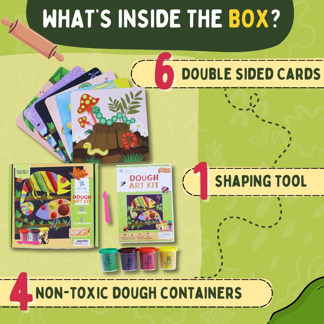 PepPlay Dough Art Kit For Kids | Organic, Taste-Safe, Non-Toxic, Lab-Certified Clay | 12 Design Cards + 4 Vibrant Colors | Reusable DIY Moulding Set For 3+ Years |Doesn't Dry Out Quickly, Multicolour