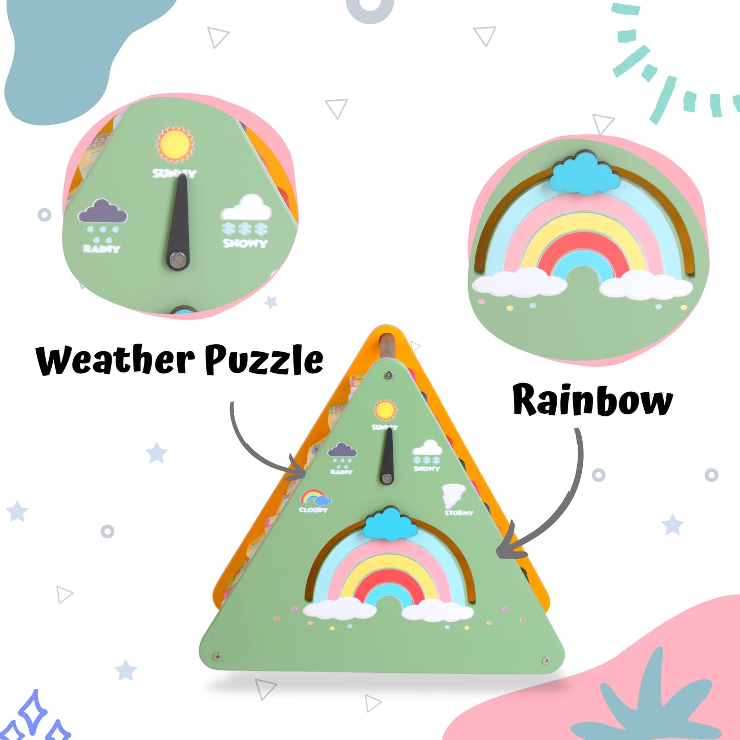 The Funny Mind 7 in 1 Wooden Activity Triangle for Kids and Toddlers, Learning Toy with Abacus, 4 Gear Fidget Spinner, Clock, Weather, Small and Capital Alphabets, Rainbow, Butterfly, and Weather