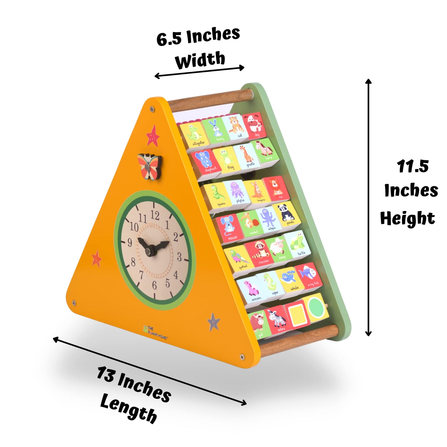The Funny Mind 7 in 1 Wooden Activity Triangle for Kids and Toddlers, Learning Toy with Abacus, 4 Gear Fidget Spinner, Clock, Weather, Small and Capital Alphabets, Rainbow, Butterfly, and Weather
