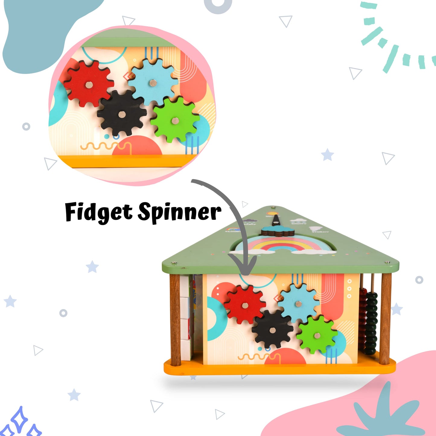 The Funny Mind 7 in 1 Wooden Activity Triangle for Kids and Toddlers, Learning Toy with Abacus, 4 Gear Fidget Spinner, Clock, Weather, Small and Capital Alphabets, Rainbow, Butterfly, and Weather