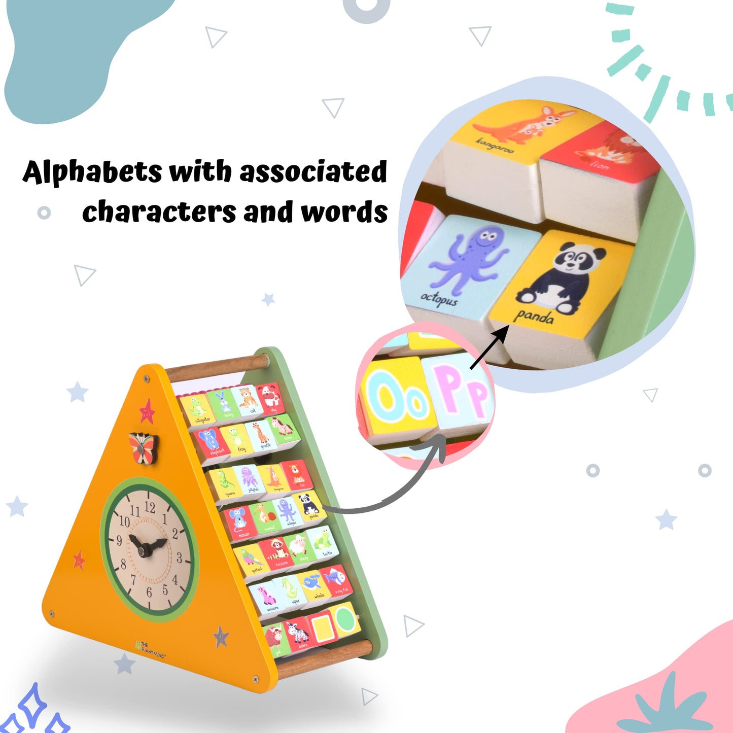 The Funny Mind 7 in 1 Wooden Activity Triangle for Kids and Toddlers, Learning Toy with Abacus, 4 Gear Fidget Spinner, Clock, Weather, Small and Capital Alphabets, Rainbow, Butterfly, and Weather
