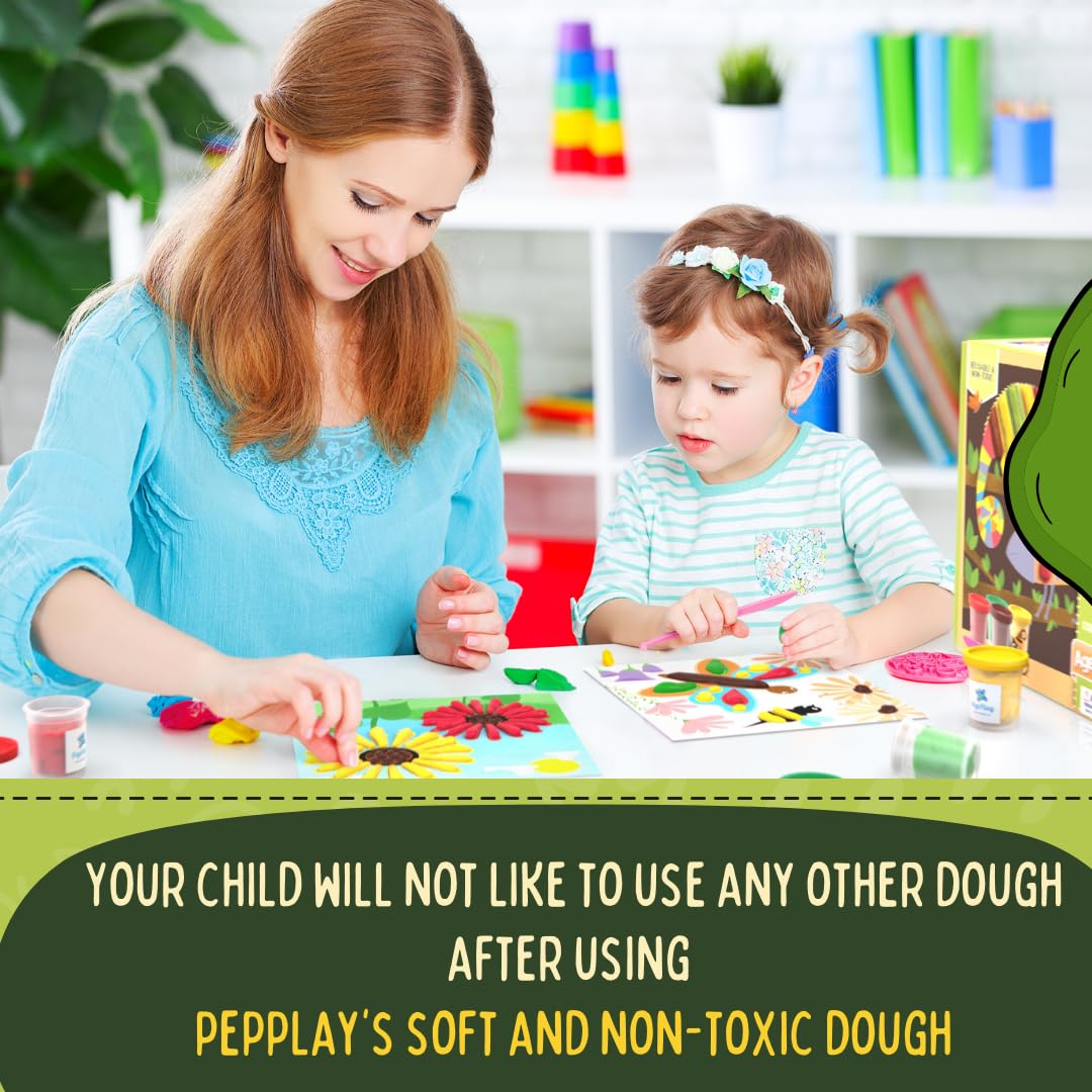 PepPlay Dough Art Kit For Kids | Organic, Taste-Safe, Non-Toxic, Lab-Certified Clay | 12 Design Cards + 4 Vibrant Colors | Reusable DIY Moulding Set For 3+ Years |Doesn't Dry Out Quickly, Multicolour