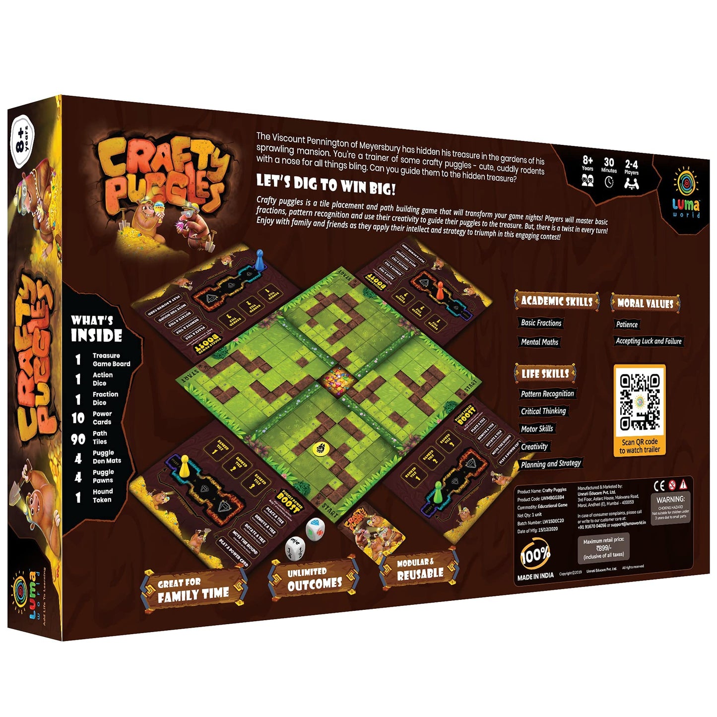 LUMA WORLD ADD LIFE TO LEARNING Stem Educational Board Game Crafty Puggles For Kids 8+ Y To Learn Fractions, Decision Making&Strategy, Treasure Hunt Tile Placement Game, 30 Minutes And 2 To 4 Players